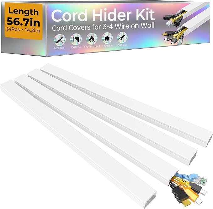 56.7in Cable Hider Cord Hider, Wire Covers for 3-4 Cords on Wall, Premium Cord Covers for Wires on Wall, Easy Set-up Wire Hider to Hide Tv Wires, Lamp, Speaker Cords, W1.18 H0.6in, White