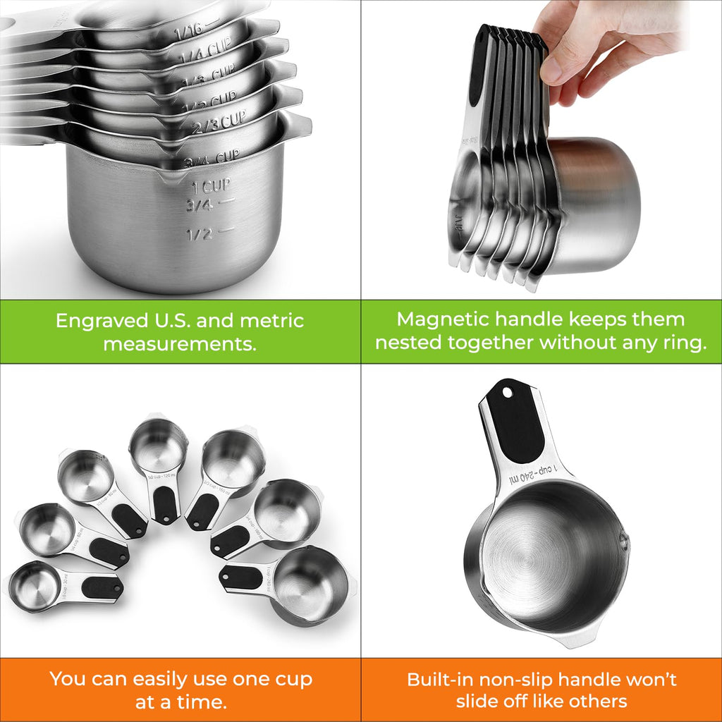 Magnetic Stainless Steel Measuring Cups Set of 7 Patented Black (7 Count)