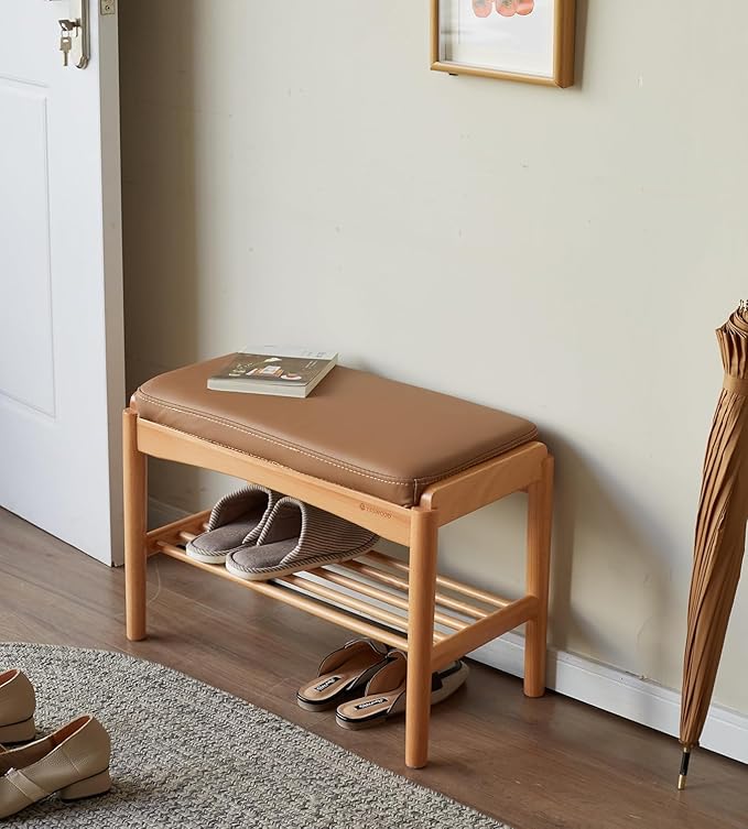 Solid Wood Shoe Bench Assembled, Shoe Rack Bench with Silicone Leather Cushion for Entryway, Living Room, Bedroom, Hallway, 11.8" x 31.5" x 16.5", Natural & Brown