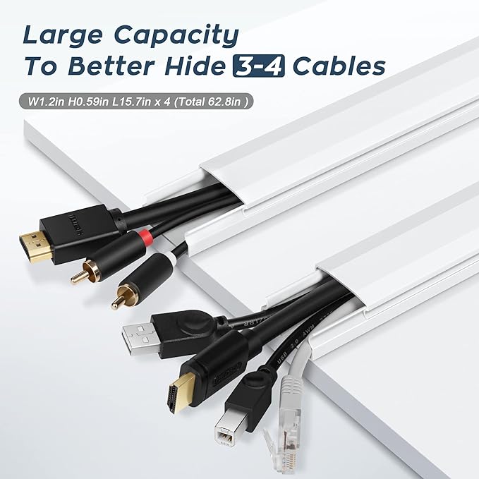 62.8in TV Cable Hider - Cord Hider Cable Management Wall, Cable Raceway Black Wire Hider, Paintable Cable Concealer for Wall Mounted TV, Wall Wire Covers for Cords, 4* L15.7in *W1.2in *H0.59in