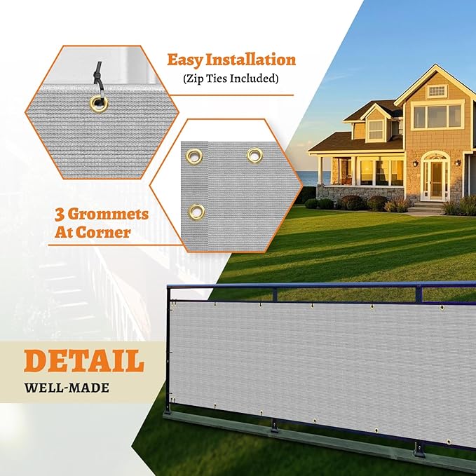 2.5' x 130' Balcony Privacy Screen Fence Cover with Zip Ties Grommets for Apartment Patio Porch Deck Backyard Outdoor (Gray)