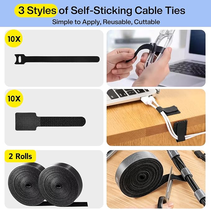 [313Pcs] Cable Management Kit, 67 Adhesive Cable Clips, Topavatop Desk Cord Organizer, 22 Reusable Cable Strap, 4 Cable Sleeve Split, 200 Nylon Cable Zip Ties with 20 Mounts for TV Office Home, Black