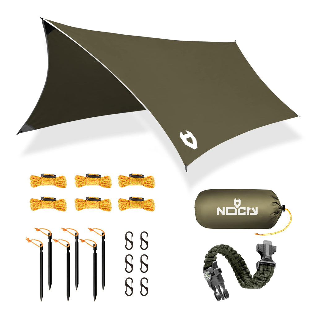 Rain Fly 12x10 Lightweight Survival Camping Tarp; 100% Waterproof; Makes a Great Backpacking Tarp or Hammock Shelter; Comes in Multiple Colors, Survival Bracelet Included; OD-Green