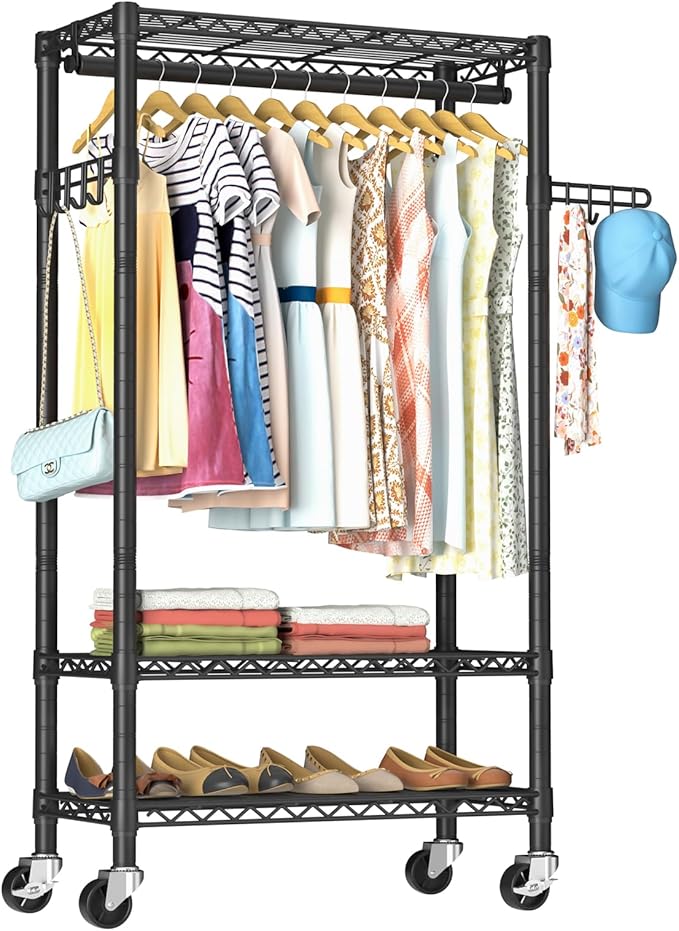 Heavy Duty Clothes Rack Rolling Garment Rack,3 Tier Adjustable Wire Shelving Clothing Racks for Hanging Clothes with Hanger Rod&Side Hooks,Freestanding Wardrobe Storage Rack Metal Portable Closet