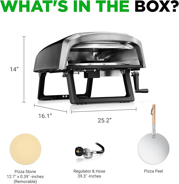 NutriChef Outdoor Pizza Oven with 360° Rotating Pizza Stone | Adjustable Heat Control Dial, Includes Pizza Peel, Stone & Regulator with Hose | Cooks 12" Pizza in 60 seconds | 25.2 x 16.1 x 14 IN