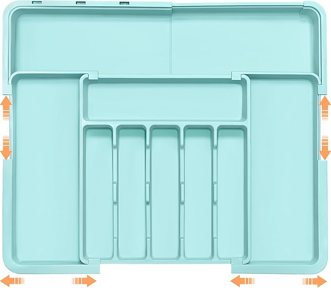 Silverware Organizer Expandable Kitchen Utensil Drawer Organizer Large BPA Free Adjustable Cutlery Silverware Tray for Spoons Forks Knives Storage Divider for Kitchen Flatware 6-9 Slots Turquoise