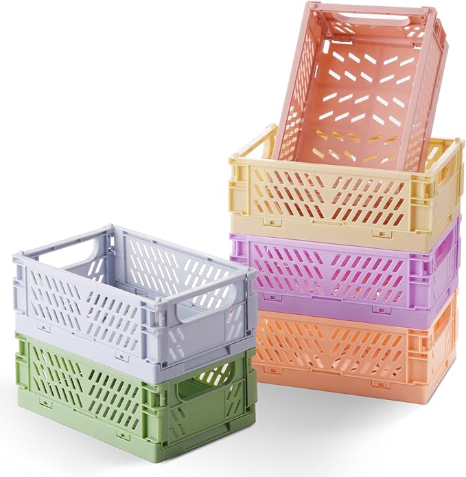 HUUSMOT 6-Pack Small Pastel Plastic Storage Baskets, Collapsible Crates for Organizing, Space-Saving Mini Bins for Classroom, Kitchen, Office, Bedroom (5.9" x 3.8" x 2.2")