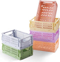 HUUSMOT 6-Pack Small Pastel Plastic Storage Baskets, Collapsible Crates for Organizing, Space-Saving Mini Bins for Classroom, Kitchen, Office, Bedroom (5.9" x 3.8" x 2.2")
