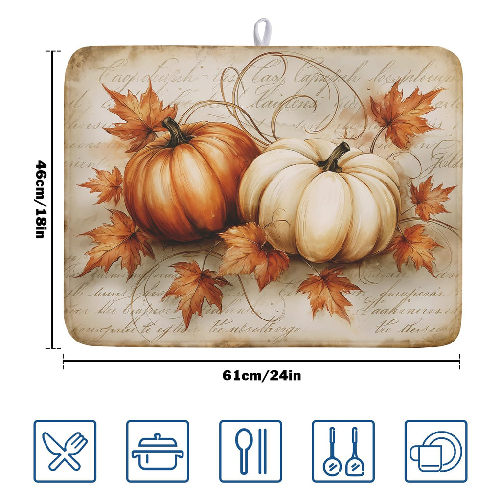 Fall Pumpkin Dish Drying Mat 18”x24”Vintage Autumn Drying Mat for Kitchen Counter Absorbent Maple Leaf Fall Thanksgiving Farmhouse Dishes Pad Drainer Mat Countertop Protector for Kitchen Fast Dry
