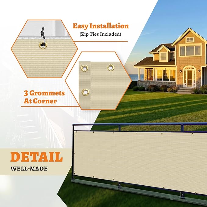 2.5' x 6' Balcony Privacy Screen Fence Cover with Zip Ties Grommets for Apartment Patio Porch Deck Backyard Outdoor (Beige)