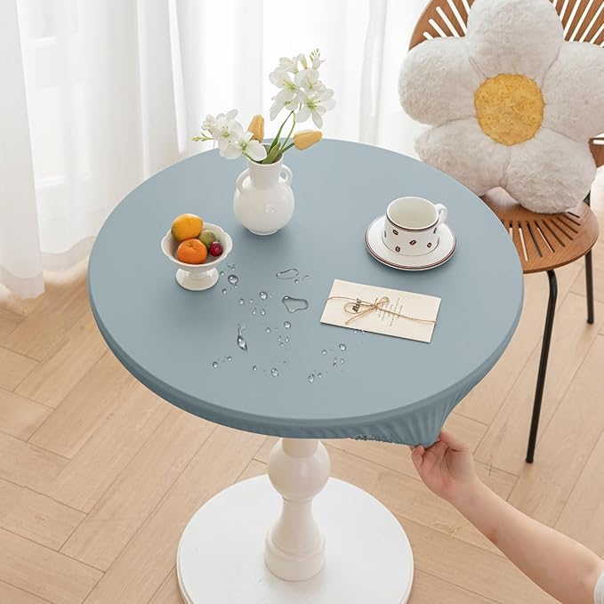 Round Fitted PU Tablecloth with High Elastic Edge 35 Inch Dia Waterproof Oil Proof Table Cloth Anti-Scald Stain-Resistant Wipeable Table Cover for Indoor Outdoor Picnic (Blue,35" Dia)