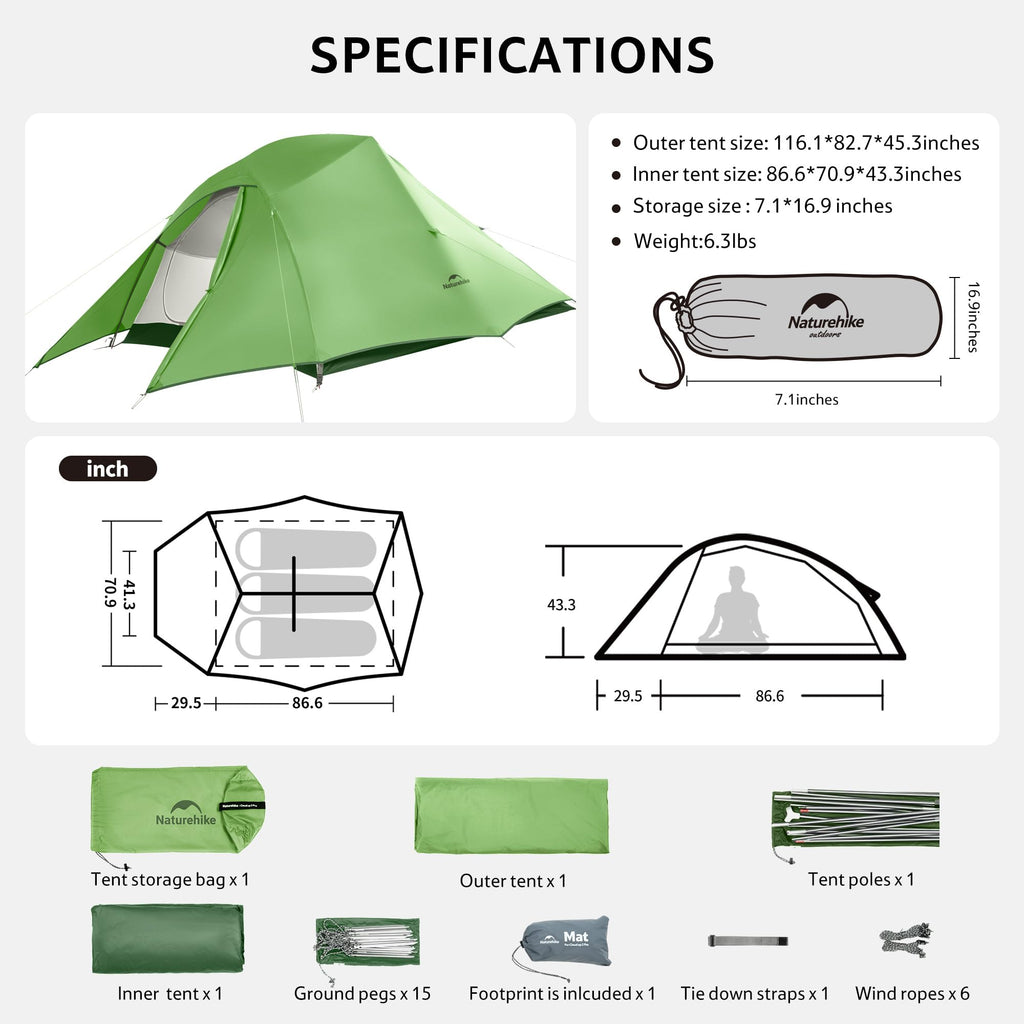 Naturehike Cloud Up 3 Person Backpacking Tent with Footprint - 3 Season Free Standing Lightweight 3 Person Camping Tent | with Footprint, Free Standing, Dome, Camping, Hiking, Waterproof
