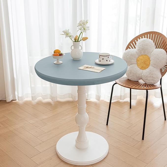 Round Fitted PU Tablecloth with High Elastic Edge 35 Inch Dia Waterproof Oil Proof Table Cloth Anti-Scald Stain-Resistant Wipeable Table Cover for Indoor Outdoor Picnic (Blue,35" Dia)