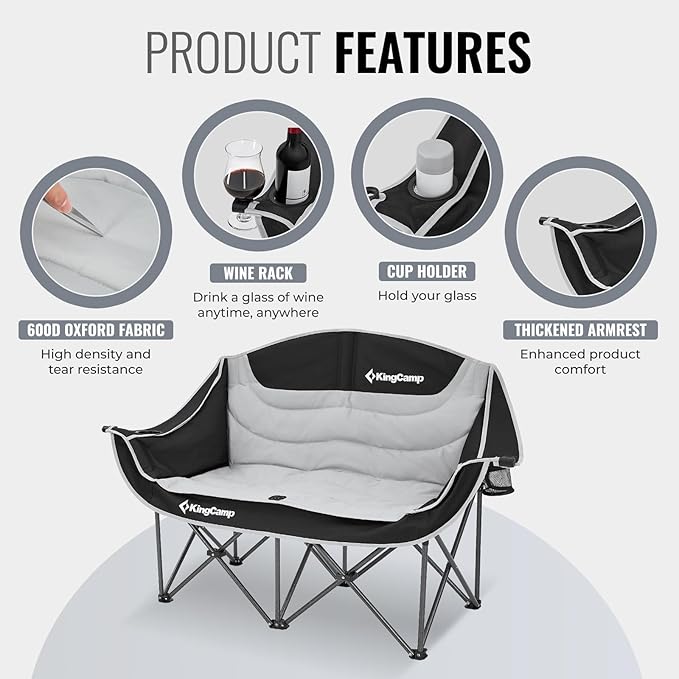 KingCamp Double Camping Chair, Oversized Heavy Duty 660lbs Loveseat for Adults Portable Folding XL 2 Person Couch Padded Comfortable Two Seat with Cup Holder for Outdoor Lawn Backyard, Black/Grey