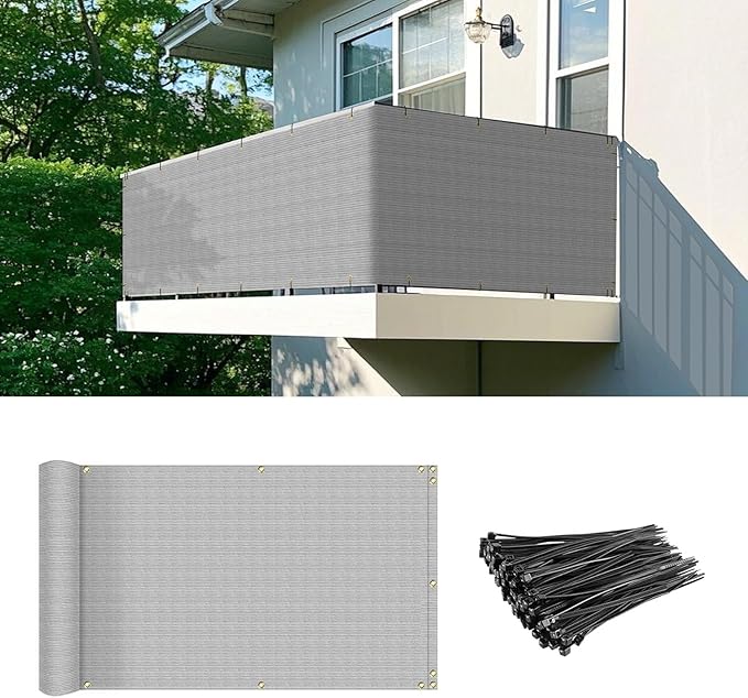 2.5' x 189' Balcony Privacy Screen Fence Cover with Zip Ties Grommets for Apartment Patio Porch Deck Backyard Outdoor (Gray)