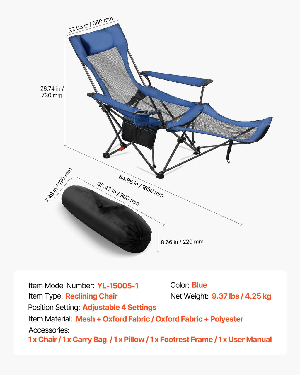 VEVOR 2-in-1 Reclining Camping Chair with Footrest for Adults, 4 Adjustable Positions, Portable Folding Lounger, Lightweight Mesh Beach Chair Supports 300lbs, Heavy Duty Camp Chairs Outdoor, Blue