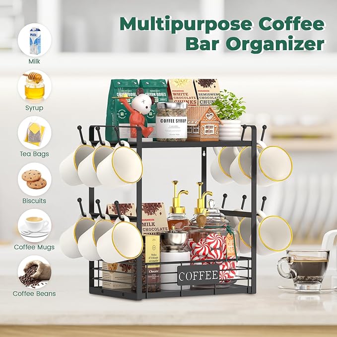 EsLuker.ly Coffee Mug Cup Holder Tree Bar Station Organizer, 2 Tier Mug Stand Rack for Countertop Kitchen, Storage Tower Display Shelf with 12 Hooks, Coffee Nook Enhancer, Black