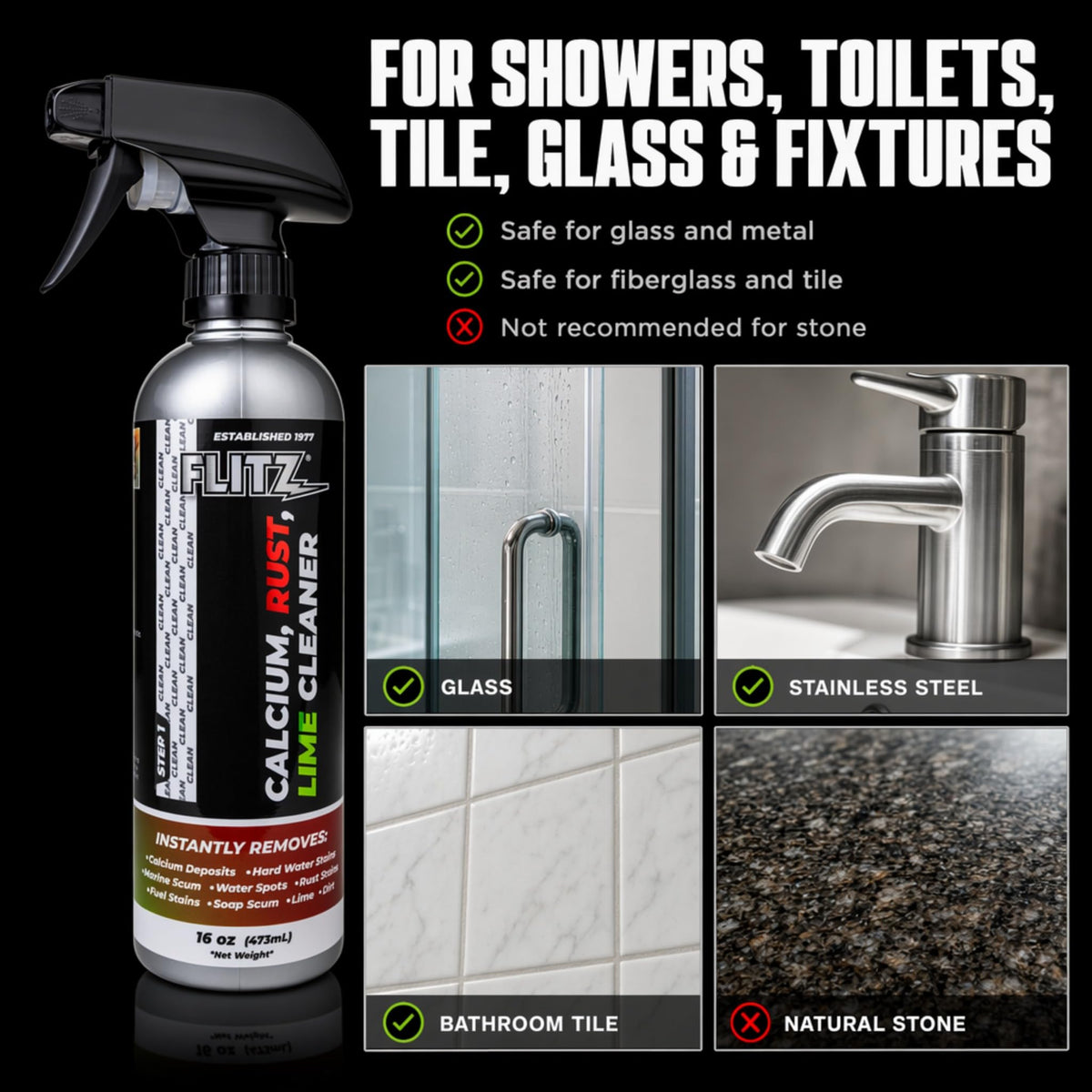 Calcium, Rust, & Lime Remover - 16oz Bottle of USA-Made Limescale Remover for Toilets, Showers, and More - Powerful Spray that Instantly Eliminates Tarnish, Grease, and Other Grime (1 Pack) (16 Fl Oz)