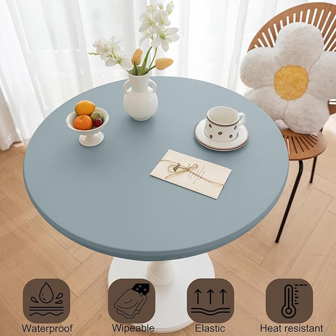 Round Fitted PU Tablecloth with High Elastic Edge 35 Inch Dia Waterproof Oil Proof Table Cloth Anti-Scald Stain-Resistant Wipeable Table Cover for Indoor Outdoor Picnic (Blue,35" Dia)
