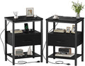 DUMOS Nightstand Set of 2 with Wireless Charging Station Bed Side Tables with Adjustable Fabric Drawers and 3 - Tier Storage End Tables Modern Design, Black