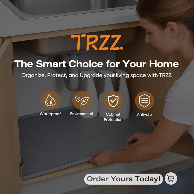 TRZZ Silicone Waterproof Under Sink Mat 34" x 22", Drip Tray and Cabinet Liner for Kitchen and Bathroom, Prevents Water Damage and Organizes Cabinets (Beige)