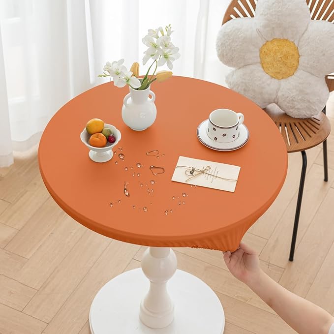 Fall Round Fitted PU Tablecloth with High Elastic Edge 47 Inch Dia Waterproof Oil Proof Table Cloth Anti-Scald Stain-Resistant Wipeable Table Cover for Indoor Outdoor Picnic (Orange,47" Dia)