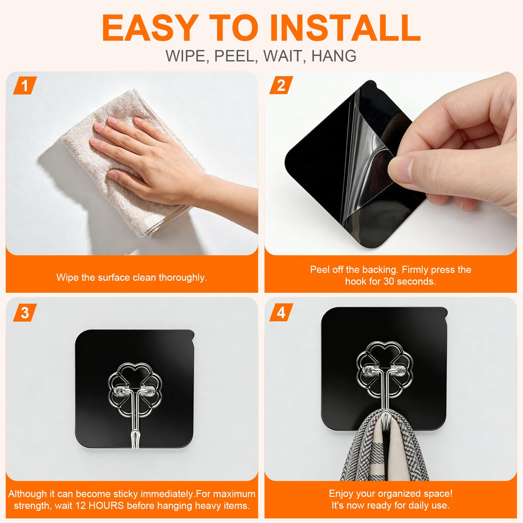 Black Heavy Duty Adhesive Hooks 2026 Upgraded 50lbs（Max） Sticky Wall Hooks for Hanging 12 Pack No Damage Hook Strong Waterproof Bathroom (12 Count)