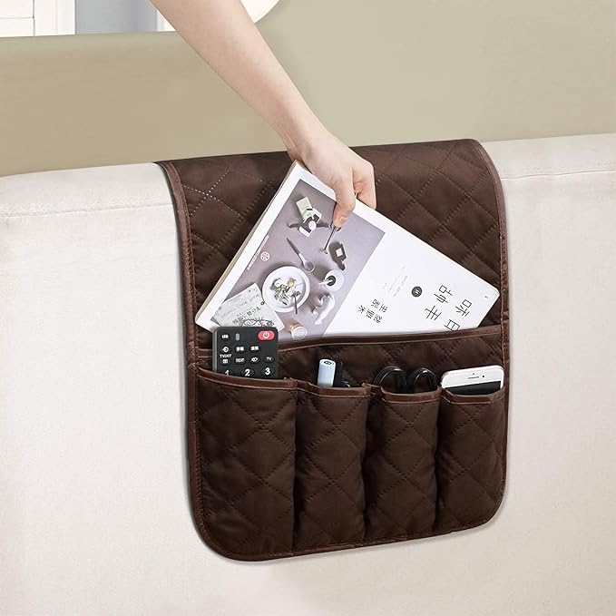 Sofa Armrest Organizer Non-Slip Arm Chair Bedside Caddy Storage Organizer for Recliner Couch with 5 Pockets for Cell Phone TV Remote Control Magazines(Coffee)