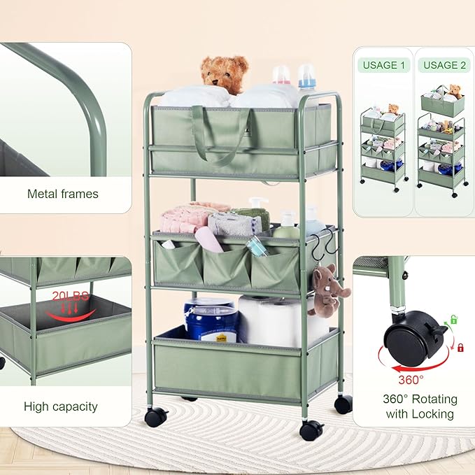 Honeydak 2in1 Baby Diaper Caddy Organizer Cart 3 Tier Large Capacity Metal Utility Bedside Rolling Cart with Divider Newborn Registry Nursery Essential Must Have Crib Bedroom Baby Shower(Green)