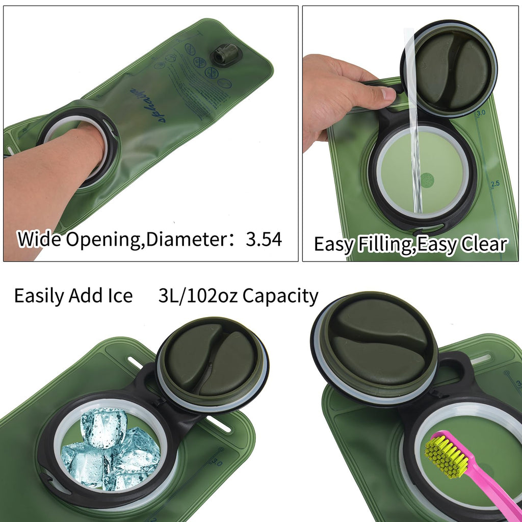 Hydration Bladder 2L-3L Water Storage Bag Reservoir,Military Hydration Pack Replacement for Hiking Biking Climbing Cycling Running Camping Backpack with Clean Flexible Brush (3L-Green+Blue)