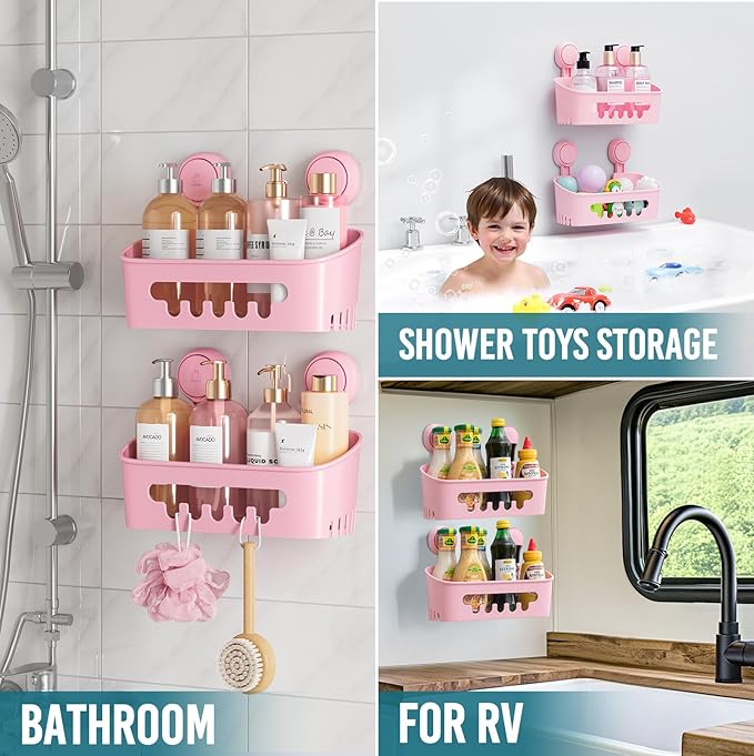 TAILI Shower Caddy Suction Cup 2 Pack, Heavy Duty Bathroom Organizer, Removable Shelves for Inside Shower, Shampoo, Waterproof Suction Plastic Storage for Bathroom Accessories Holder, Pink