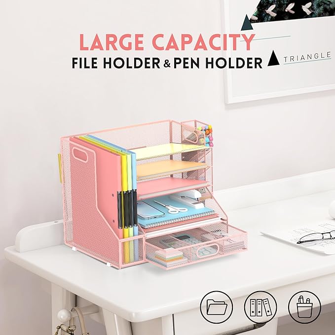 DALTACK Mesh Desk Organizer, 5-Tier Paper Letter Tray with File Holder & Pen Holder & Sliding Drawer, Desktop Organizer and Storage for Desk Accessories Office Supplies, Pink