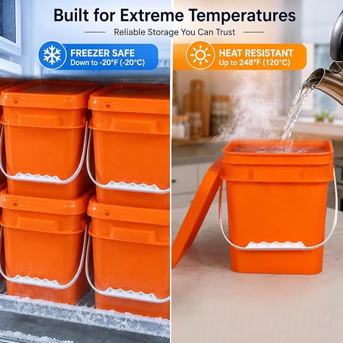 DEMORA 1Gallon Food Grade Square Plastic Bucket with Lid, Clear Airtight Storage Container, Reusable Pail for Kitchen Food Water Ice Cream Household Use 4Pcs (2 Orange+2 Transparent)