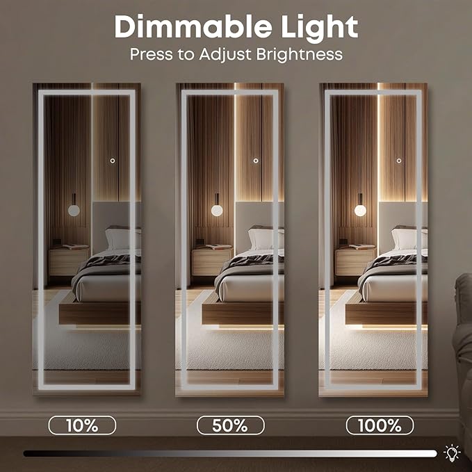 64" x 21" Full Length LED Floor Mirror - Big Wall/Standing Mirror with Lights, Dimmable Touch Screen & Adjustable Color (White/Warm Light), Full Body Mirror for Bedroom, Dressing Room, Vanity, Makeup