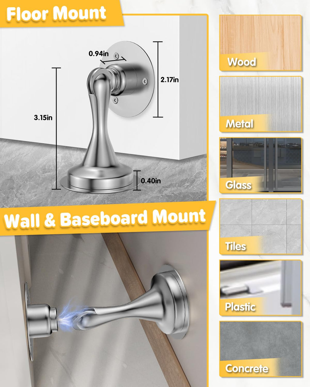 Door Stops for Bottom of Door Magnetic Door Catch Wall Mount 1 Pack Silver