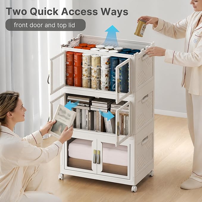 UAMFURI Stackable Storage Bins with Lids, Clear Doors, Large Storage Cabinet Foldable Collapsible Closet Organizers for Bedroom Dorm Office (1, White, 120, Quarts)