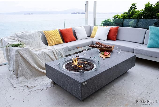Elementi | Metropolis Gas Fire Pit Cast Concrete 56" Rectangular Fire Table, Outdoor Fire Pit Electronic Ignition | Canvas Cover, Lava Rock Included | Light Gray (Propane Gas)