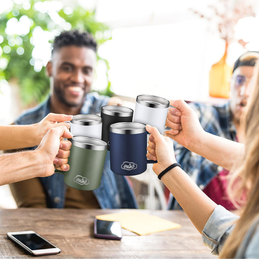 CoolSub 12oz Insulated Coffee Mug with Handle, Stainless Steel Wide Mouth Travel Tumblers with Lid, Double Wall Vacuum Coffee Cup for Camping, Office, Army Green 4 Pack