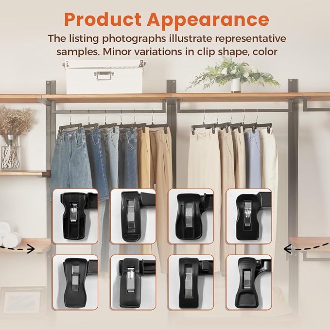 HOUSE DAY Black Pants Hangers 50 Pack, Skirt Hangers with Non-Slip Big Clips and 360° Swivel Hook, Heavy Duty Slim Plastic Pants Hanger, Space Saving Clip Hanger for Pants, Skirts, Shorts - 10 Inch