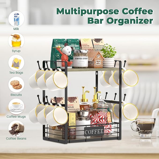 EsLuker.ly Coffee Mug Cup Holder Stand Bar Station Organizer for Countertop, Multi-Functional 2 Tier Mug Tree Rack for Kitchen, Storage Shelf with 12 Hooks, Grey Oak-Black(Patented Design)