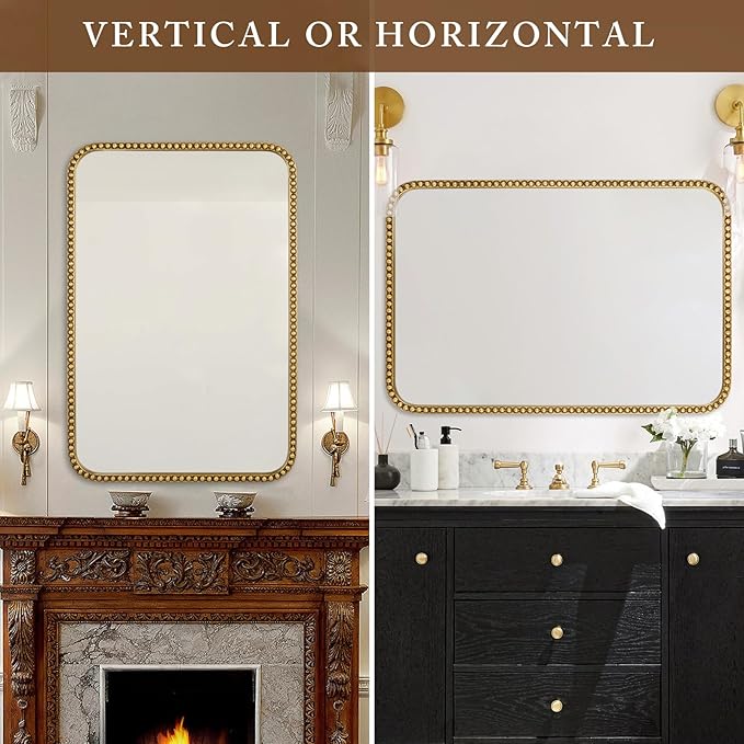 Wall Mirror for Bathroom - 24"x36" Rectangle Rounded Corner Beaded Frame Mirror, Large Vanity Mirror Hangs Horizontal or Vertical, Antique Gold