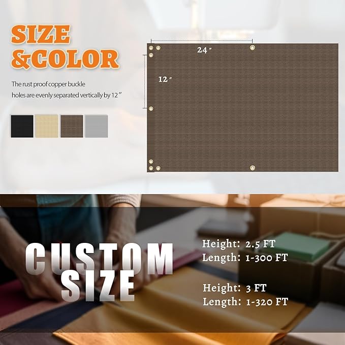 2.5' x 37' Balcony Privacy Screen Fence Cover with Zip Ties Grommets for Apartment Patio Porch Deck Backyard Outdoor (Brown)