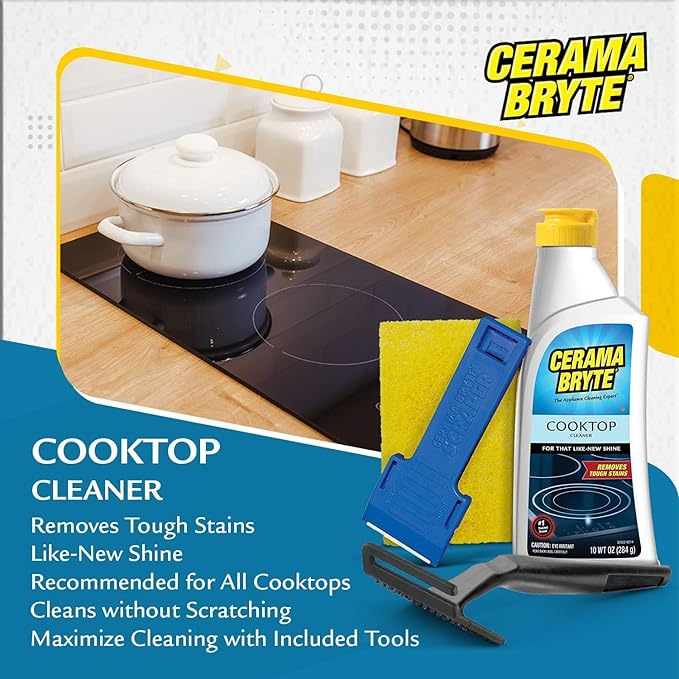 Cerama Bryte Glass Cooktop and Stove Top Cleaner Combo Kit - Includes Cleaning Tool, Razor, Scraper and 1 Pad to Remove Tough Stains - Use on Gas, Electric, Ceramic Surfaces, 18 Ounces, 4 Piece