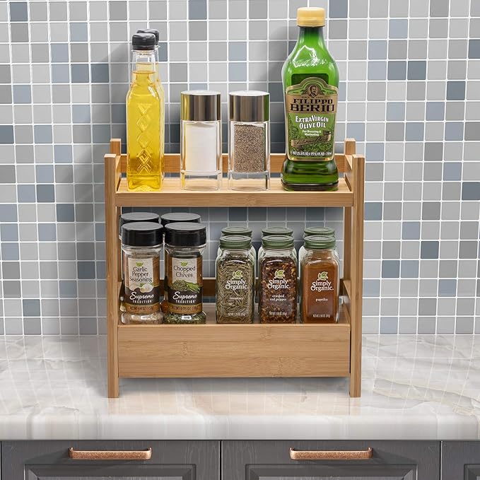Sorbus Bamboo Bathroom Counter Organizer – 2-Tier Shelf with Hidden Drawer for Vanity, Matcha Station, Bathroom Sink Organizer Countertop, Kitchen & Office Storage (13″ L x 6.5″ W x 12.6″ H)