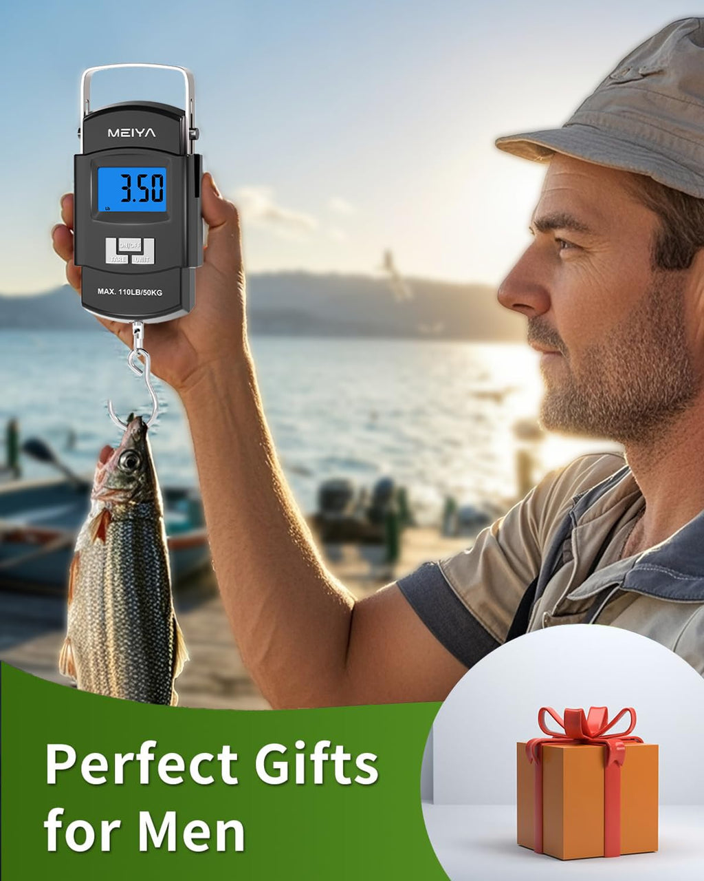 MEIYA Fish Scale 110lb/50kg Digital Fishing Scale with Backlit LCD, Portable Handle, Stainless Steel Hook & 2 AAA Batteries – Reliable Fishing Gear & Great Fishing Gifts for Men