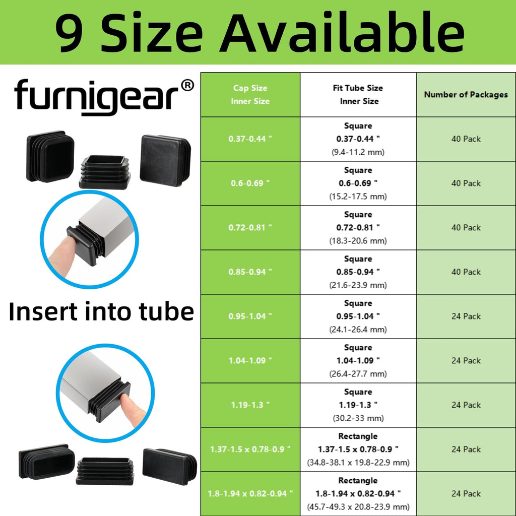1" Square Tube End Cap Plastic Plugs Chair End Caps 1 Inch (40 Count)