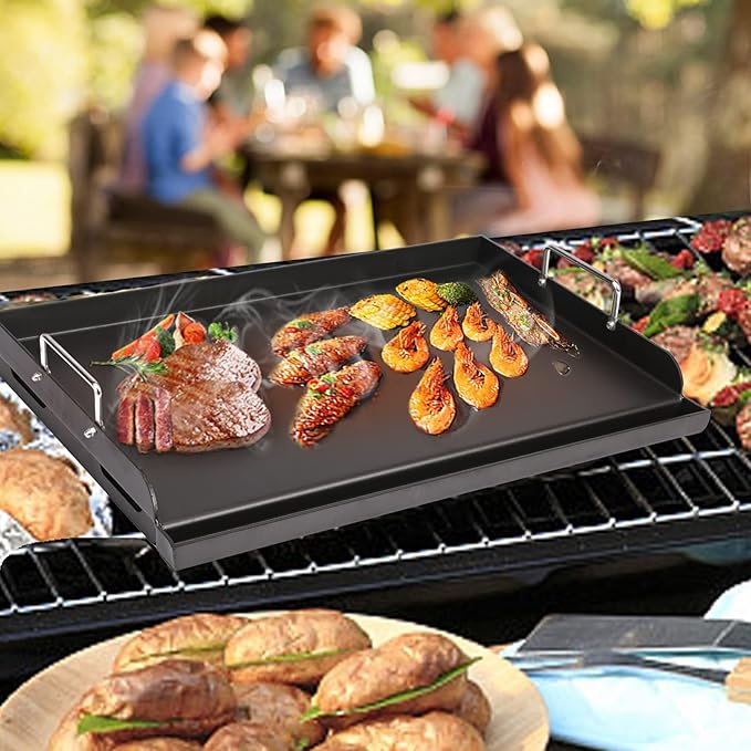 Utheer 25" x 16" Pre-Seasoned Nonstick Cast Iron Griddle for Gas & Charcoal Grills – Universal Flat Top with Grease Groove, Reinforced Ridges & High Sidewalls, Great for Parties, Camping & Tailgating