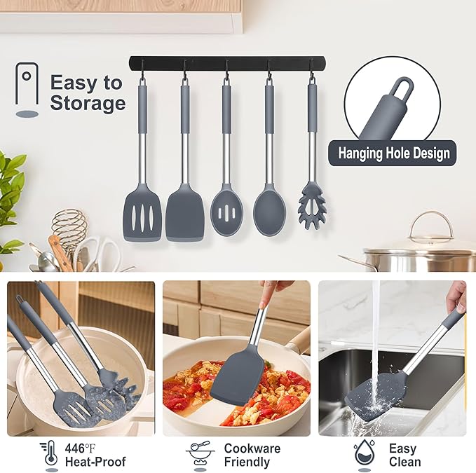 TeamFar Silicone Cooking Utensils Set, 5 PCS Heat-Proof Kitchen Utensils with Stainless Steel Handle, Turner/Spoon/Pasta Server for Nonstick Cookware Frying Flipping Draining, Light Grey