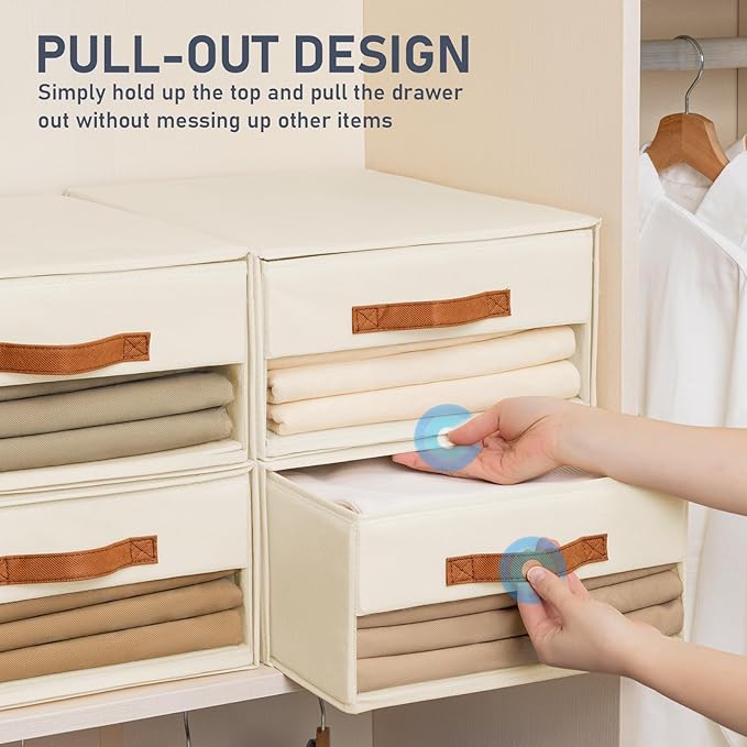 DIMJ Closet Organizers and Storage - Fabric Bins with Drawers for Closet Foldable Clothes Organizers with Clear Window, Stackable Storage Drawers for Bedroom, Living Room, 4-Pack, Beige