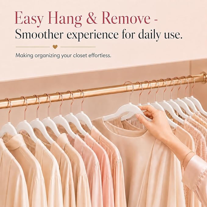 Smartor White Velvet Hangers 50 Pack, Non Slip Clothes Felt Hanger Heavy Duty for Coat, 360° Rotating Rose Glod Hook, Premium Slim Space Saving Hangers for Closet Organizer and Storage